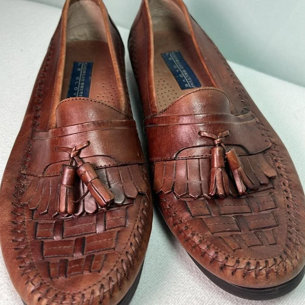 Giorgio Brutini Mens Size 11M Brown Leather Woven Slip On Tassel Loafers MCM Vib